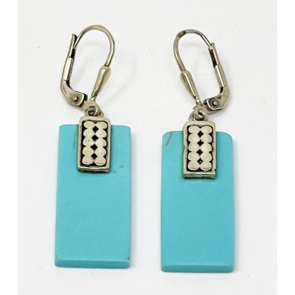 Vintage 925 Sterling Silver Block Turquoise Rectangle Dangle/Drop Pierced - Picture 4 of 7